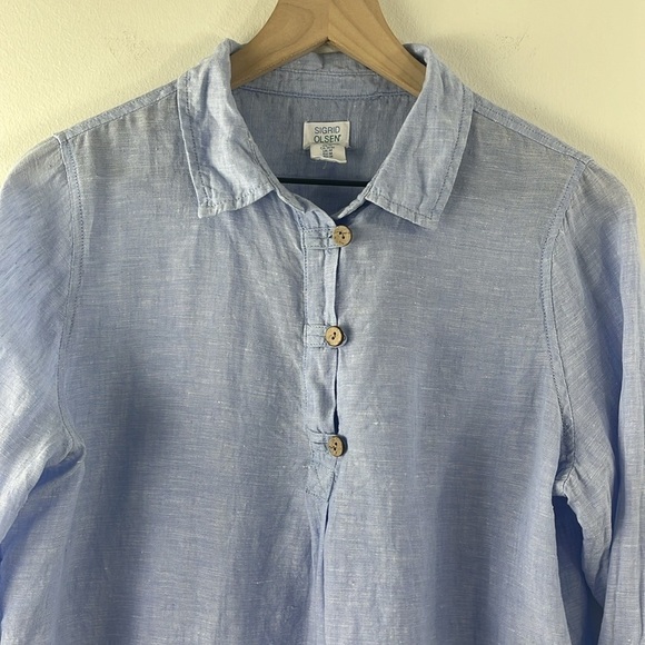 Sigrid Olsen Blue 100% Linen Popover Roll Tab Sleeves Beachy Coastal Top Size M - Picture 4 of 13